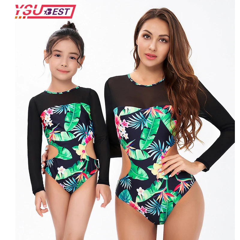 

Family Matching Swimwear Print Long Sleeve One-Piece Swimsuit Mother Daughter Bathing Suit Swimming Bodysuit Women Kids Bikinis