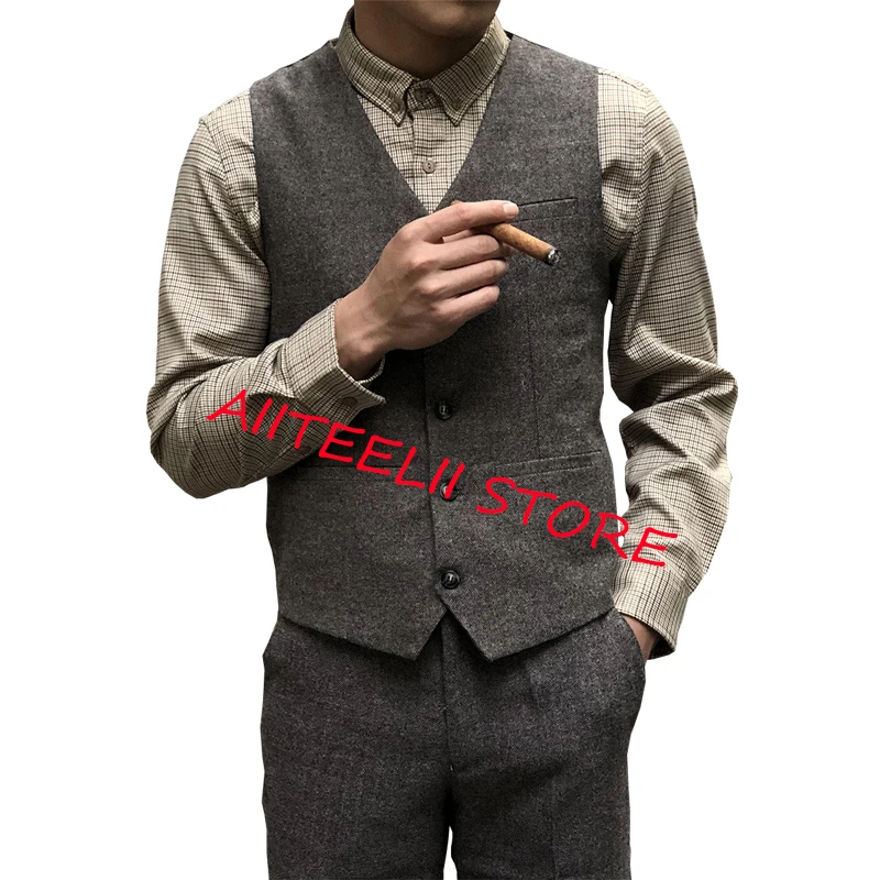 Жилет мужской шерстяной в елочку винтажный жилет с V-образным вырезом стиле