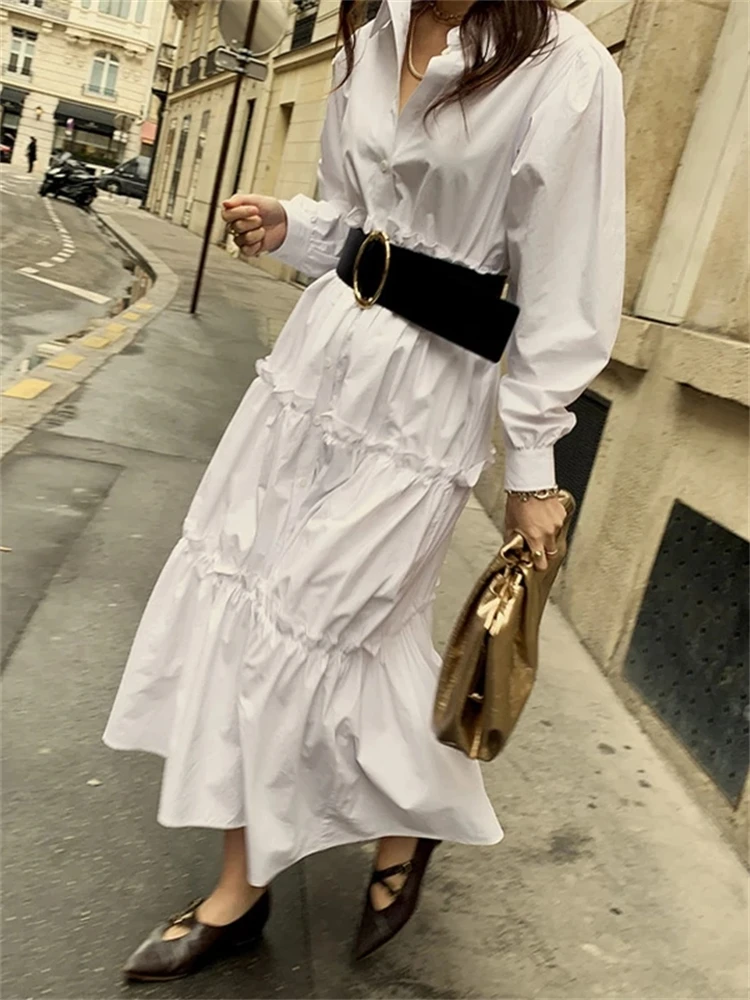 

Women Spring Retro Button Long Loose Shirt Dress Ladies Puff Sleeve Casual Midi Dress With Belt Female Fashion Clothes Vestdios