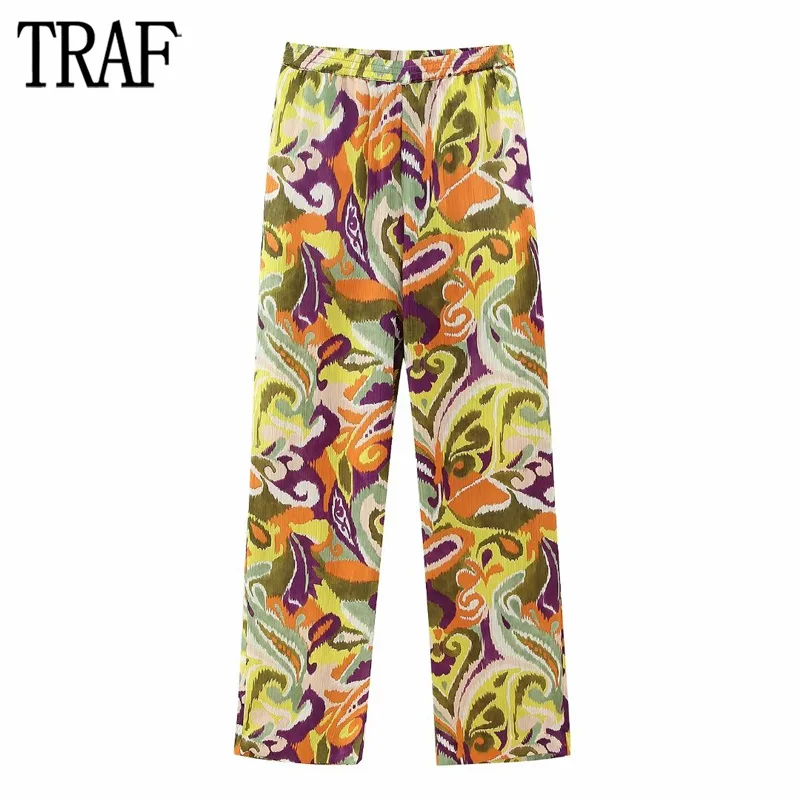 

TRAF Print Straight Trousers Women Boho High Waist Pants for Women 2023 Summer Straight Leg Women Pants Fashion Streetwear Pants