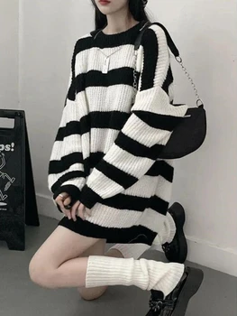 Deeptown Gothic Sweaters Women Harajuku Punk Knitted Stripes Jumper Vintage Plus Size Loose Long Sleeve Pullover Tops Streetwear 1