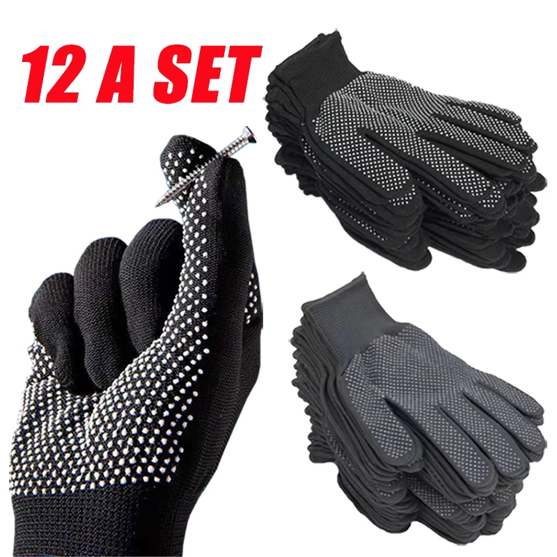 

12 пар в комплекте, ПВХ клеевые перчатки, хлопковые противоскользящие, в горошек, белые хлопковые противоскользящие мужские защитные перчат...