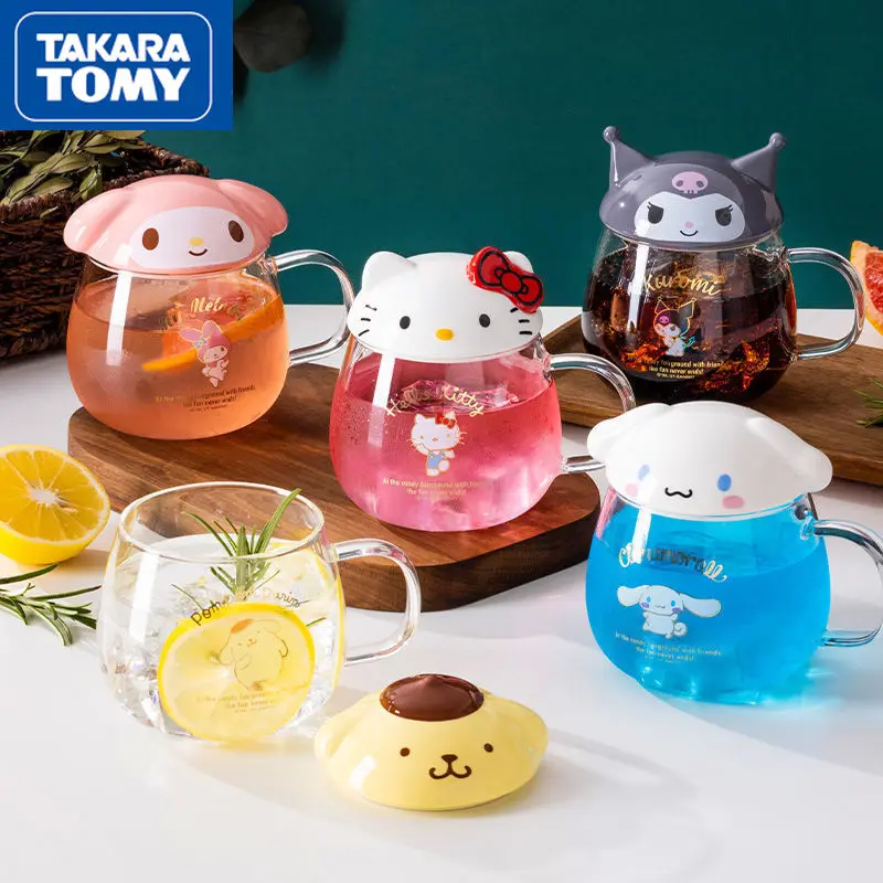 

TAKARA TOMY Stereo Hello Kitty Kawaii Transparent Glass Home Portable Breakfast Milk Cup Children Kawaii Drinking Cup