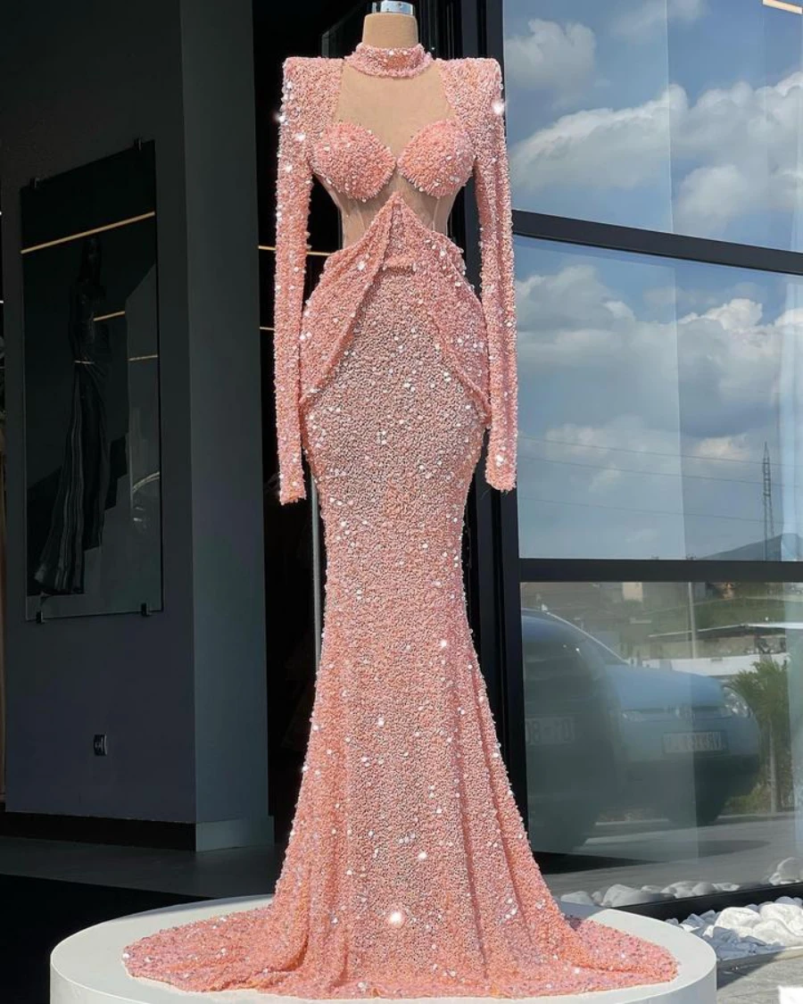 

2023 Sequin O Neck Evening Dresses Luxury Long Sleeves Arabian Dubai Elegant Floor Length Prom Gowns Sweetheart Party Dresses