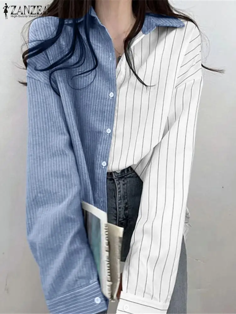 

Женская Осенняя блузка ZANZEA с отложным воротником и длинным рукавом, модная полосатая рубашка в стиле оверсайз, повседневные блузы в стиле пэчворк, свободная туника на пуговицах