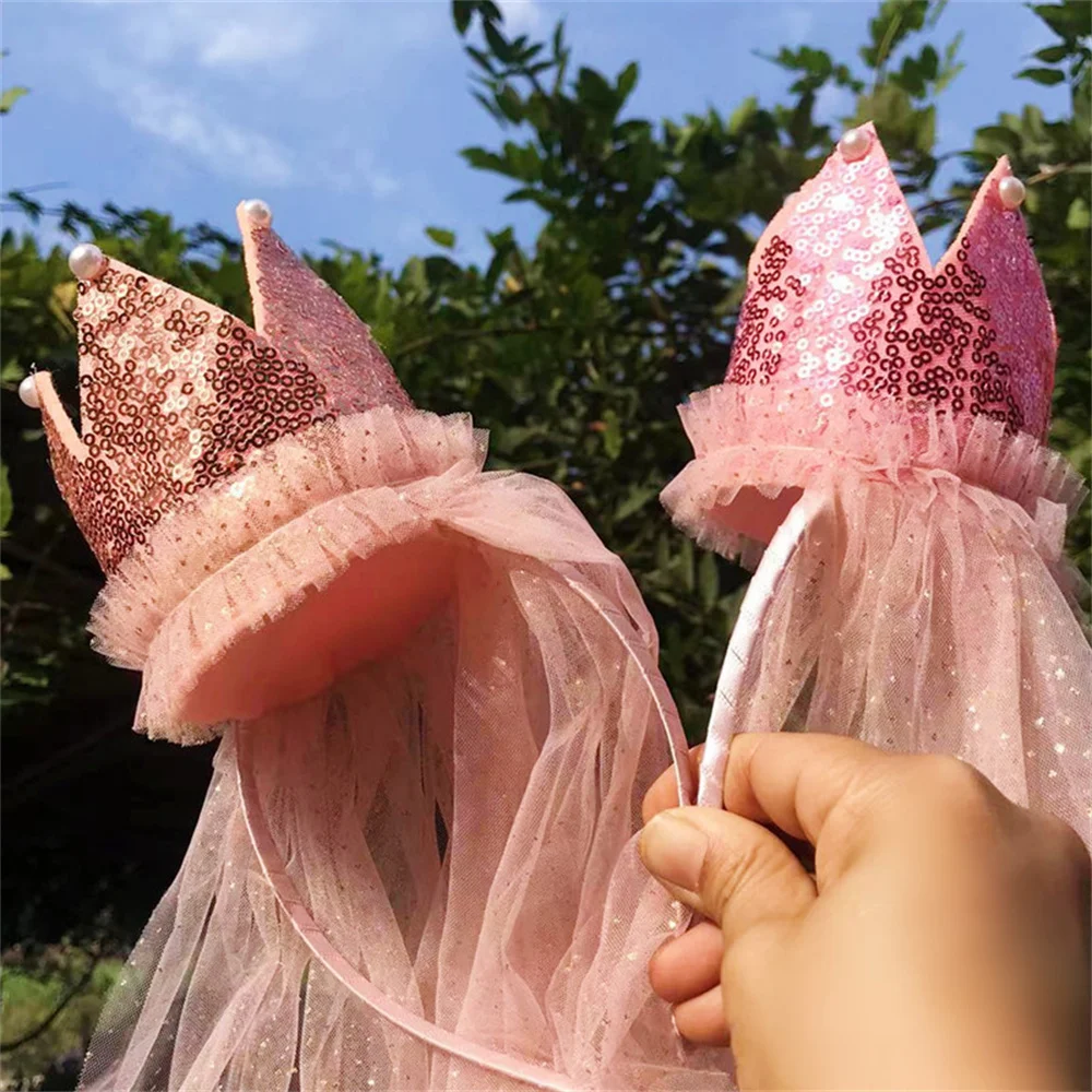 

Children's Handmade Birthday Lace Yarn Princess Crown Hair Accessories Little Girl Flower Sequins Gift Exquisite Headdress