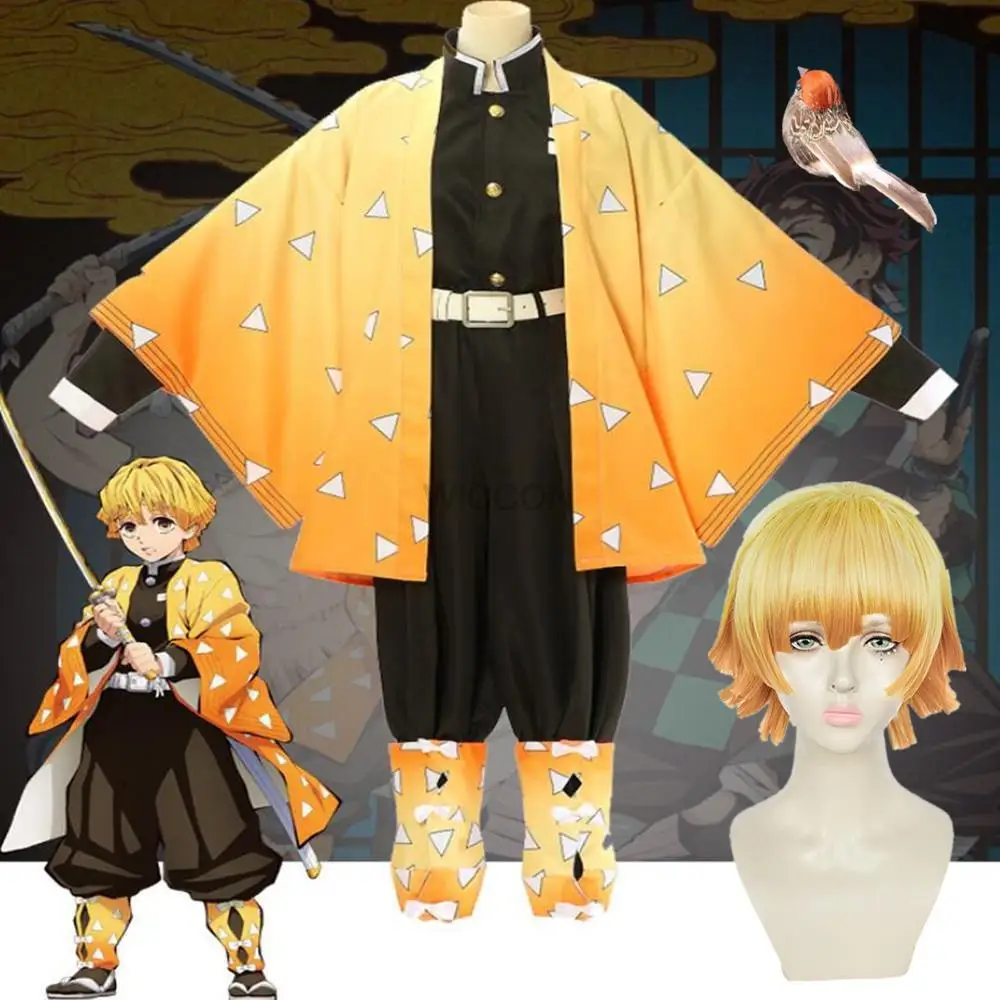 

Adult Kids Demon Slayer Cosplay Costume Agatsuma Zenitsu Kimetsu no Yaiba Men Kimono Anime Yellow Uniform
