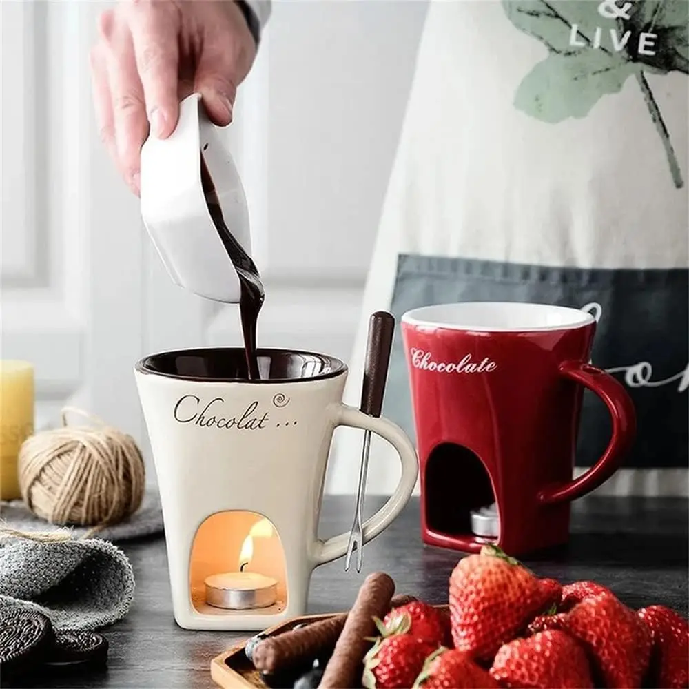 Chocolate Mug European Swiss Ice Cream Cheese Melt Oven Red Ceramic Atmosphere Hot Pot Cup with Fork