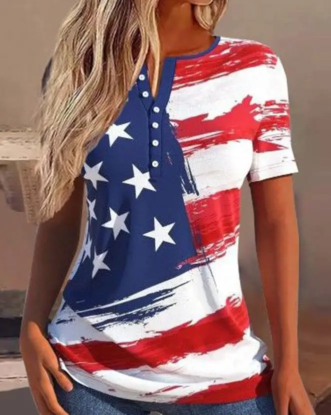 

Женская летняя Базовая Повседневная футболка с принтом флага на День Независимости, новинка 2023, модная женская одежда, Женский Топ с коротким рукавом