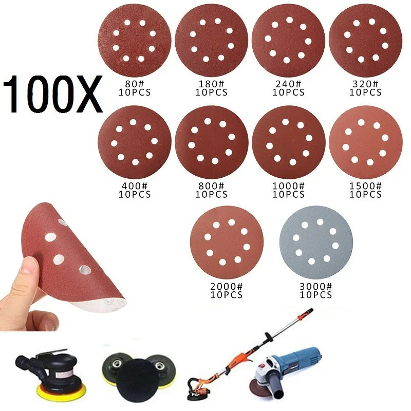 

50pcs/100pcs 125mm Round Shape Sanding Discs Sandpaper Eight Hole Disk Sand Sheets Grit 80-3000 Hook and Loop Sanding Disc Polis