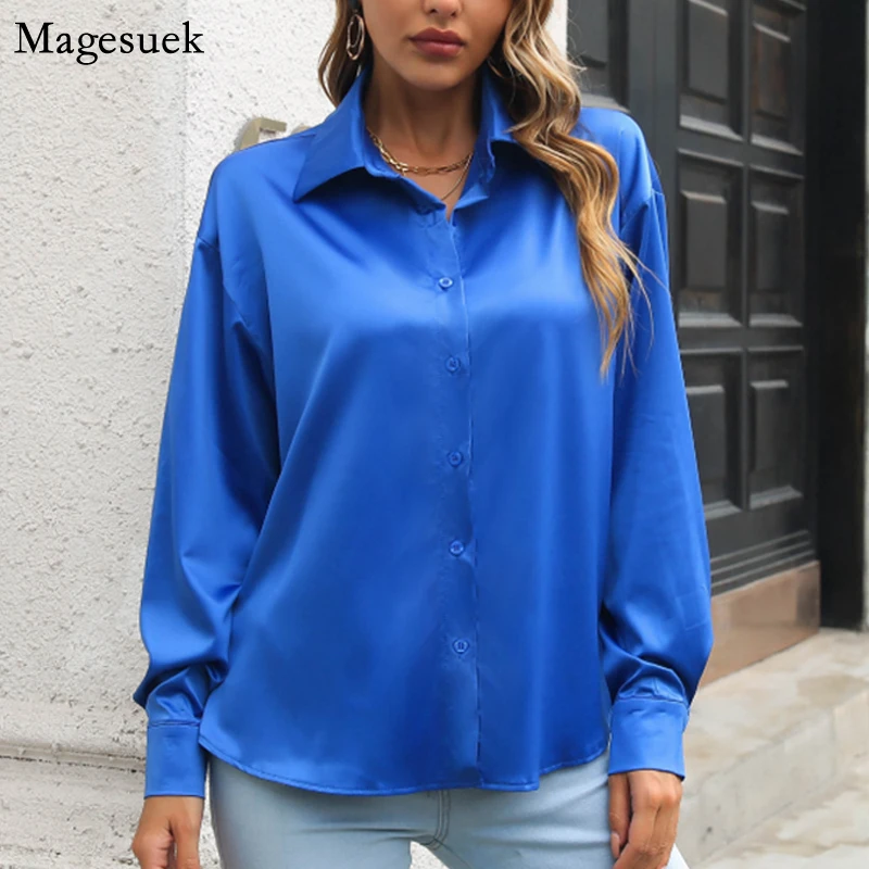 

Блузка Женская атласная с длинным рукавом, модная офисная свободная шелковая Повседневная однотонная элегантная винтажная рубашка, синий ...