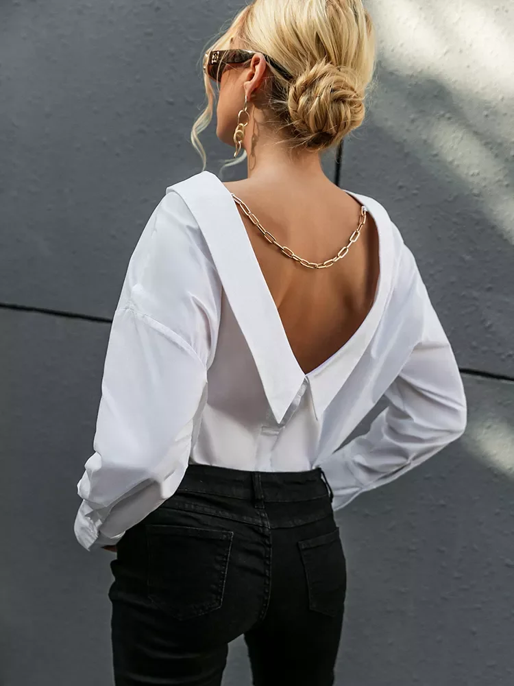 

V neck white Backless chain women blouse shirts Long sleeve botton turn down collar tops Elegant spring blouse ladies