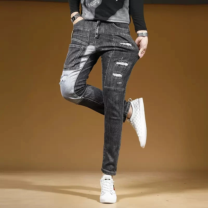 Autumn Black Ripped Jeans Men Streetwear Slim Fit Pencil Pants Fashion Casual Patchwork Stretch Denim Trousers