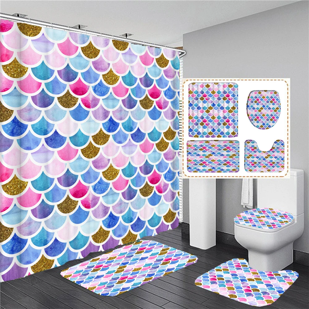 Красочный узор рыбьей чешуи тканевый комплект занавесок для душа с крючками