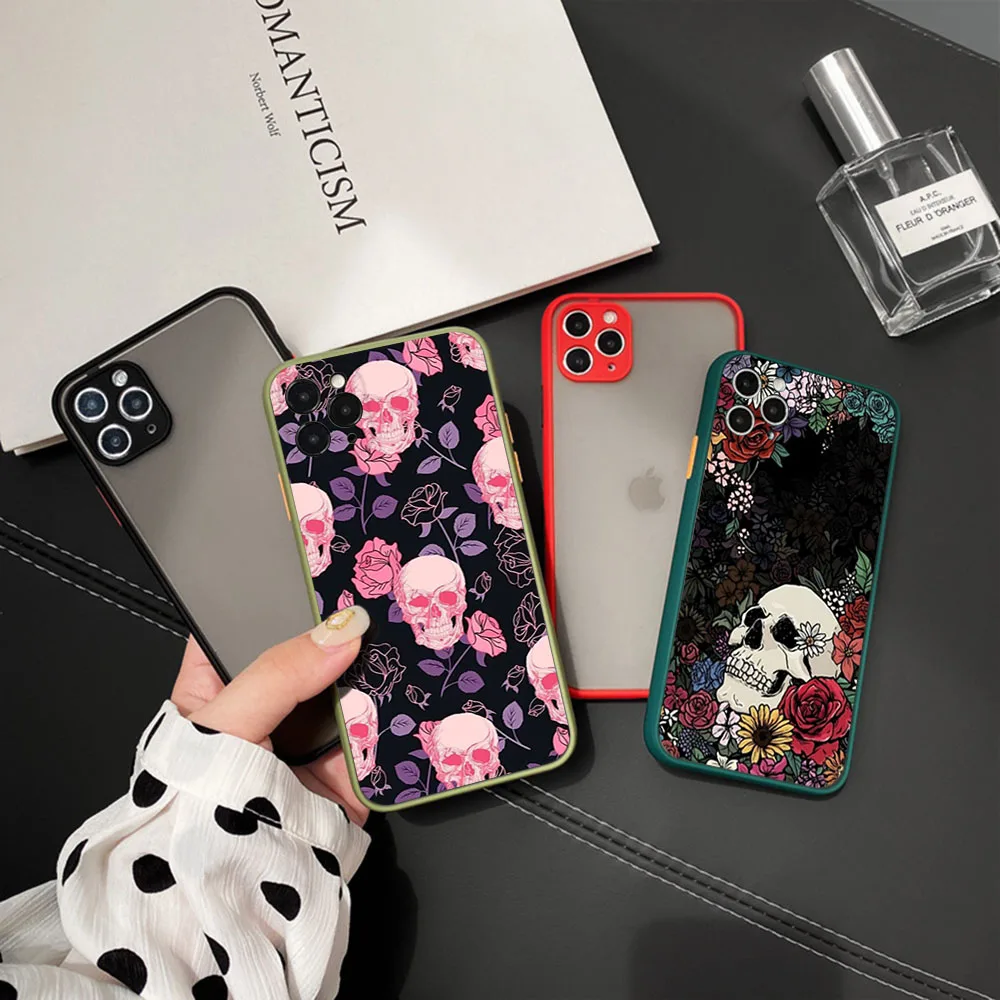 Phone Case For iPhone 16ProMax 15 14 7 8 16 Plus 13 12 Mini 11 XR X XS SE Retro Flower Skull Translucent Matte Soft Back Cover