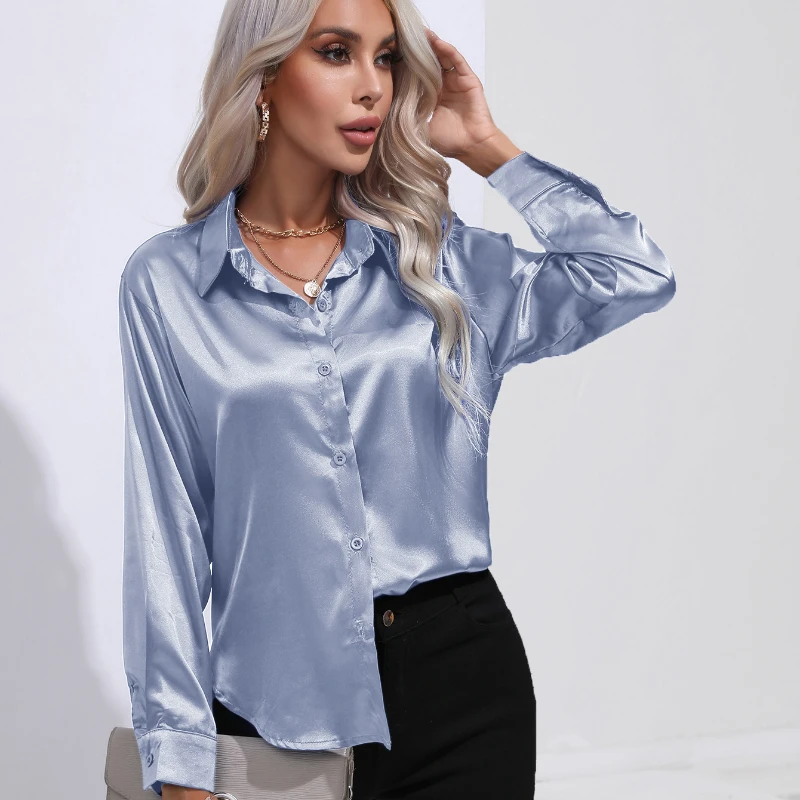 

Шелковая женская рубашка, свободные женские топы, рубашка с длинным рукавом на пуговицах, осень 2023, модная женская одежда, атласные однотонные элегантные рубашки