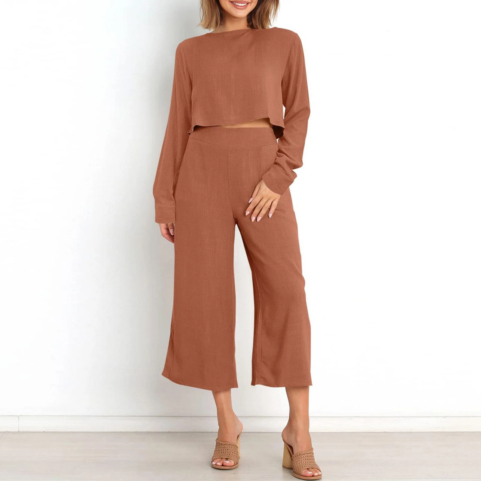 

Women Cropped Pants Suit Wide Leg Ladies Long Sleeve Top Long Pants Solid Color Boho Style Loose Fit Crew Neck Vacation Outfit