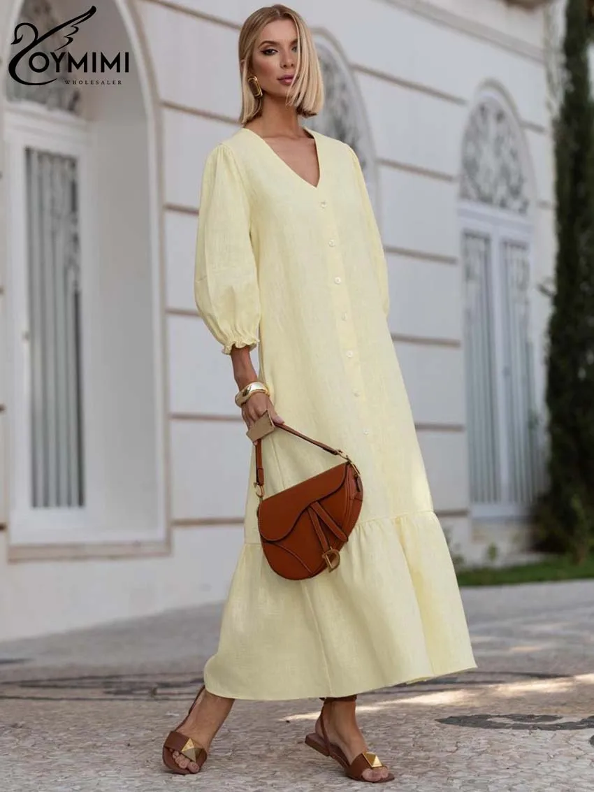 Элегантное желтое хлопковое женское платье Oymimi модные платья с V-образным