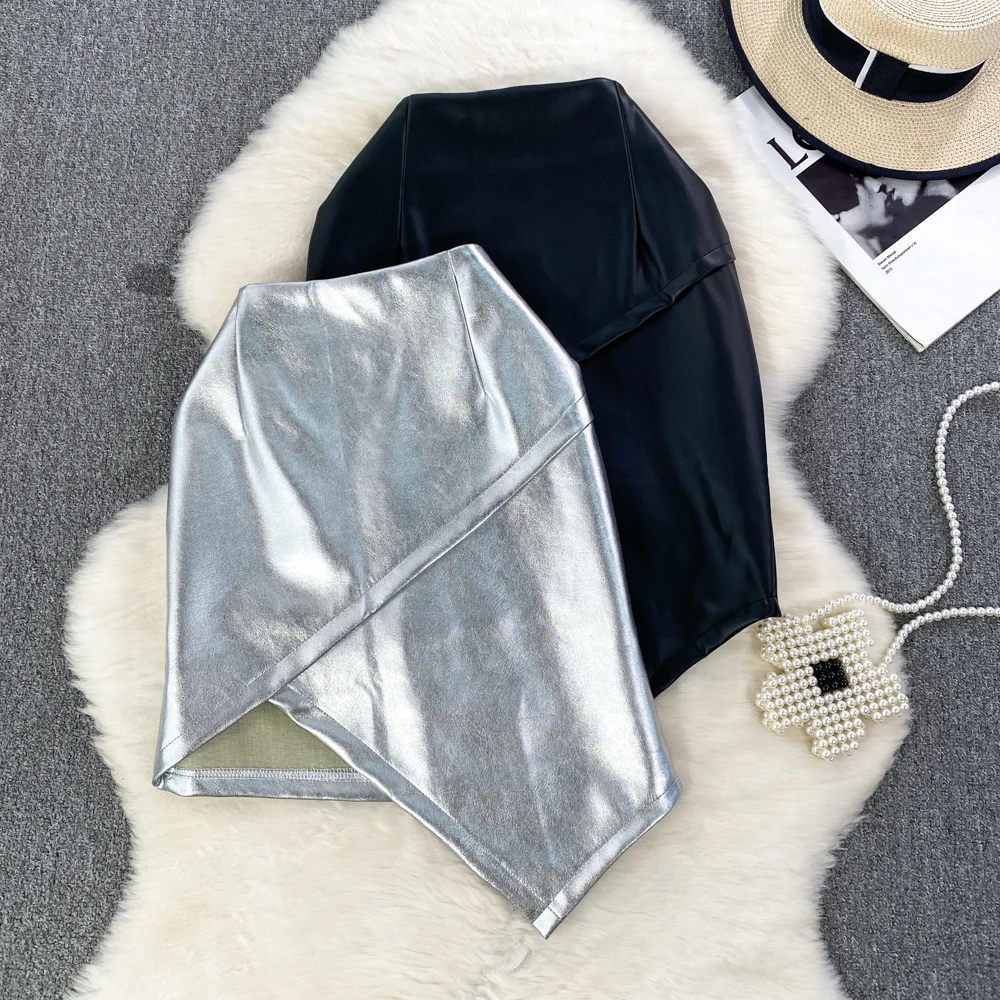 

Модная офисная юбка в корейском стиле из искусственной кожи с серебряным разрезом для женщин, трапециевидная черная мини-юбка из искусственной кожи с завышенной талией