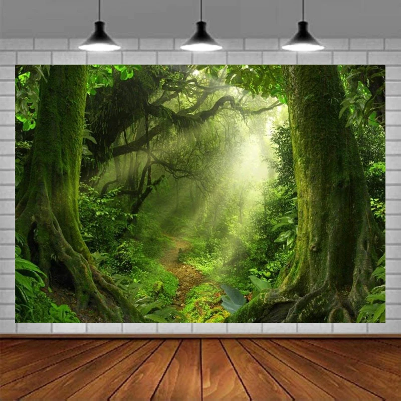 

Enchanted Jungle Forest Photography Backdrop Mossy Trees Sun Rays Dirt Road Fairytale Background For Safari Baby Birthday Party