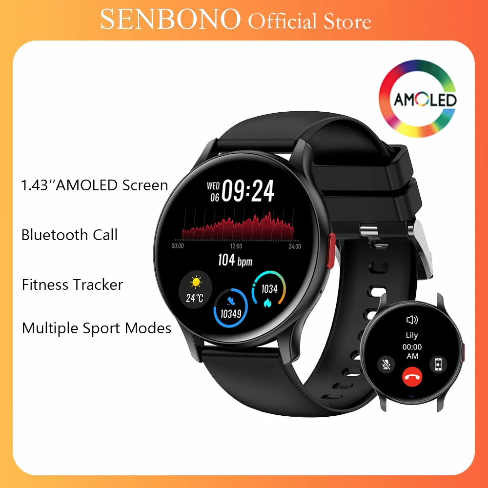 SENBONO 2023 Smart Watch AMOLED Always On Bluetooth Call Fitness Tracker Waterproof Smartwatch Men Women for mete 60 pro Phone