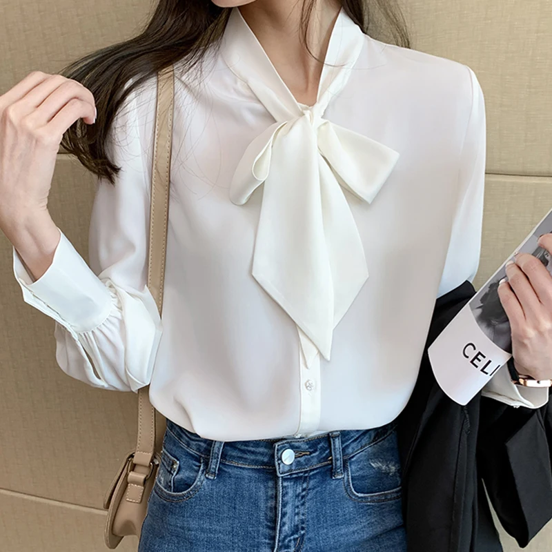 

Женская шифоновая блузка с длинным рукавом, с бантом