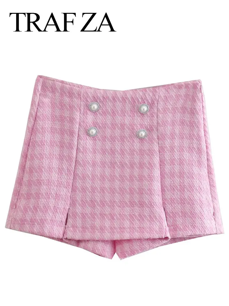 

TRAF ZA Fashion Women's Shorts Skirt Commuter Pearl Button Pink And White Plaid Slit Slim Sexy Shorts Office Daily Lady Clothing