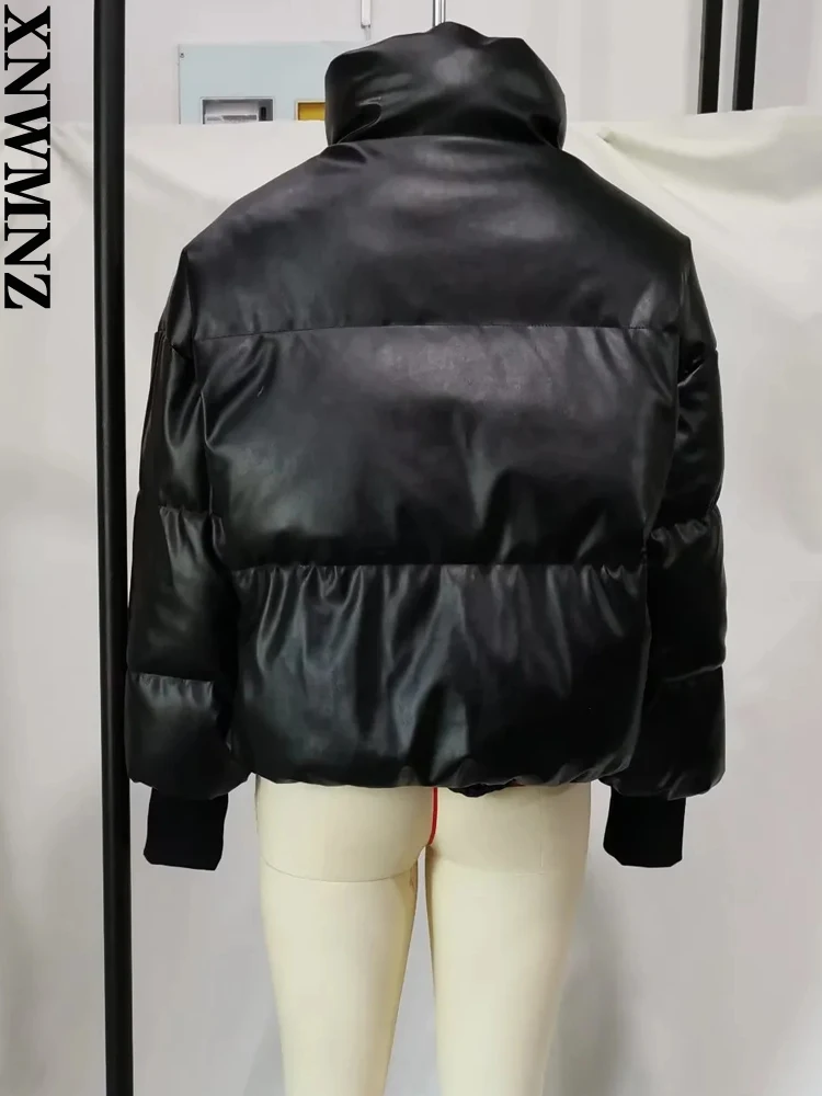 XNWMNZ 2022 Women Fashion Faux Leather PU Cotton Jacket Woman Winter Coat Parka Thickened Warm Coat Female Chic Coat