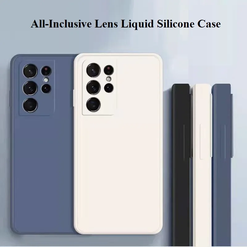 

For Samsung Galaxy S22 Plus Ultra S21 FE Pure Color Straight Edge Liquid Silicone Phone Case All-inclusive Lens Anti-drop Cover