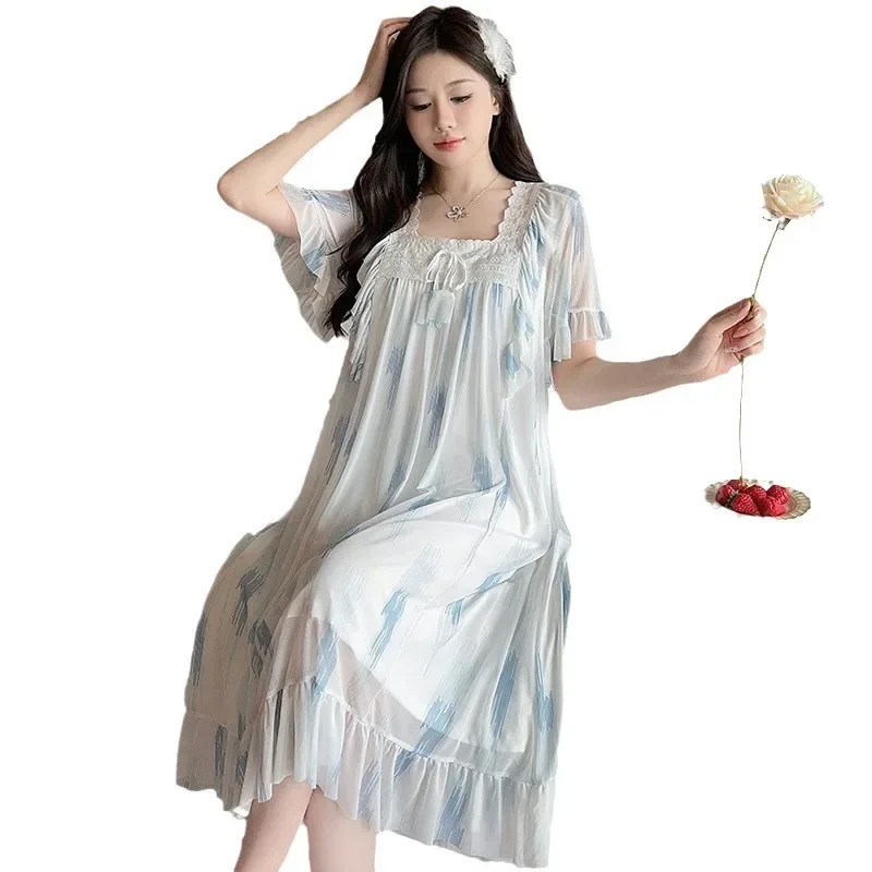 Летняя женская хлопковая кружевная ночная рубашка в стиле принцессы с