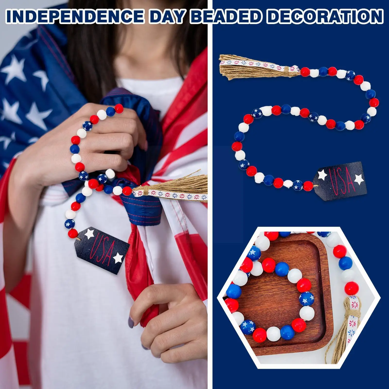 

Independence Day Decorations Patriotic Decor Wood Beads Garland Farmhouse Tiered Tray Decor For 4th Of July Home Decor P6x9