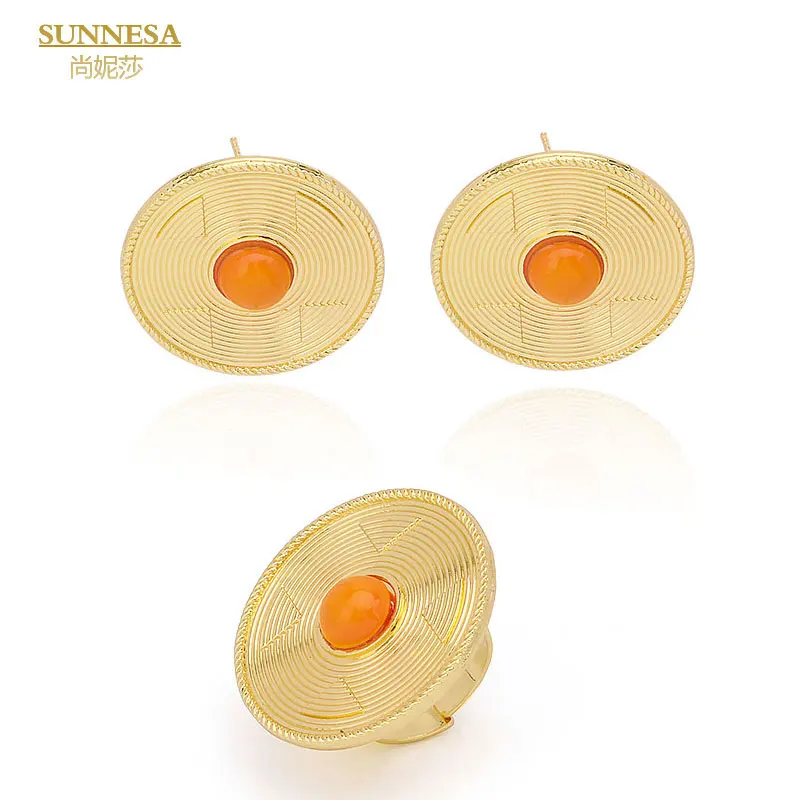 

SUNNESA Luxury 18K Gold Plated Jewelry Ring Set Orange Bead Clip Earrings for African Women Wedding Anniversary Gift