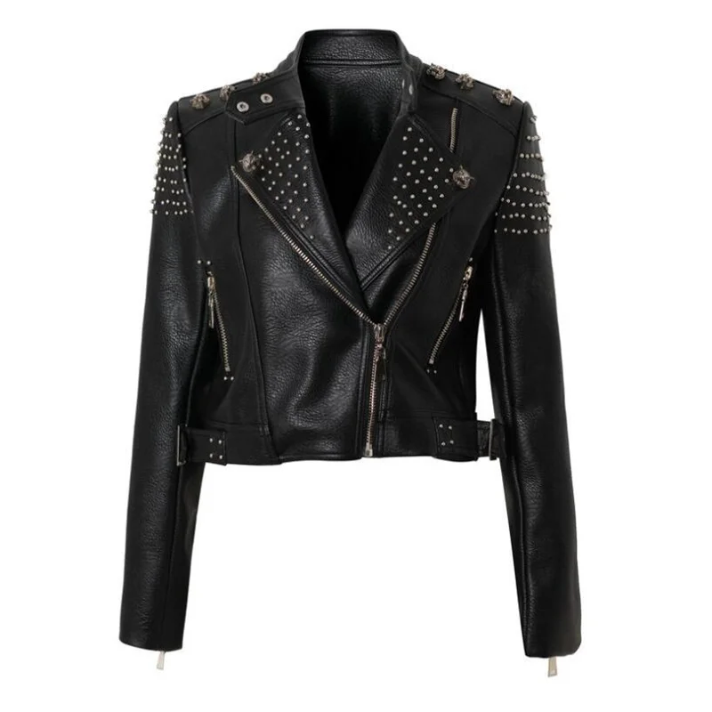 Fashion leather jacket women rivets spring autumn motorcycle coats personality slim clothes black дубленка женская зим