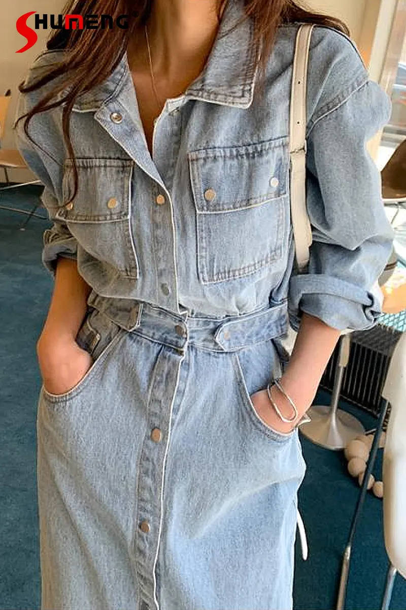 Women's Denim Dress with Double Pockets Korean Style Retro Washed Lapel Button Waist Temperament Wild Slit Mid-length Dress