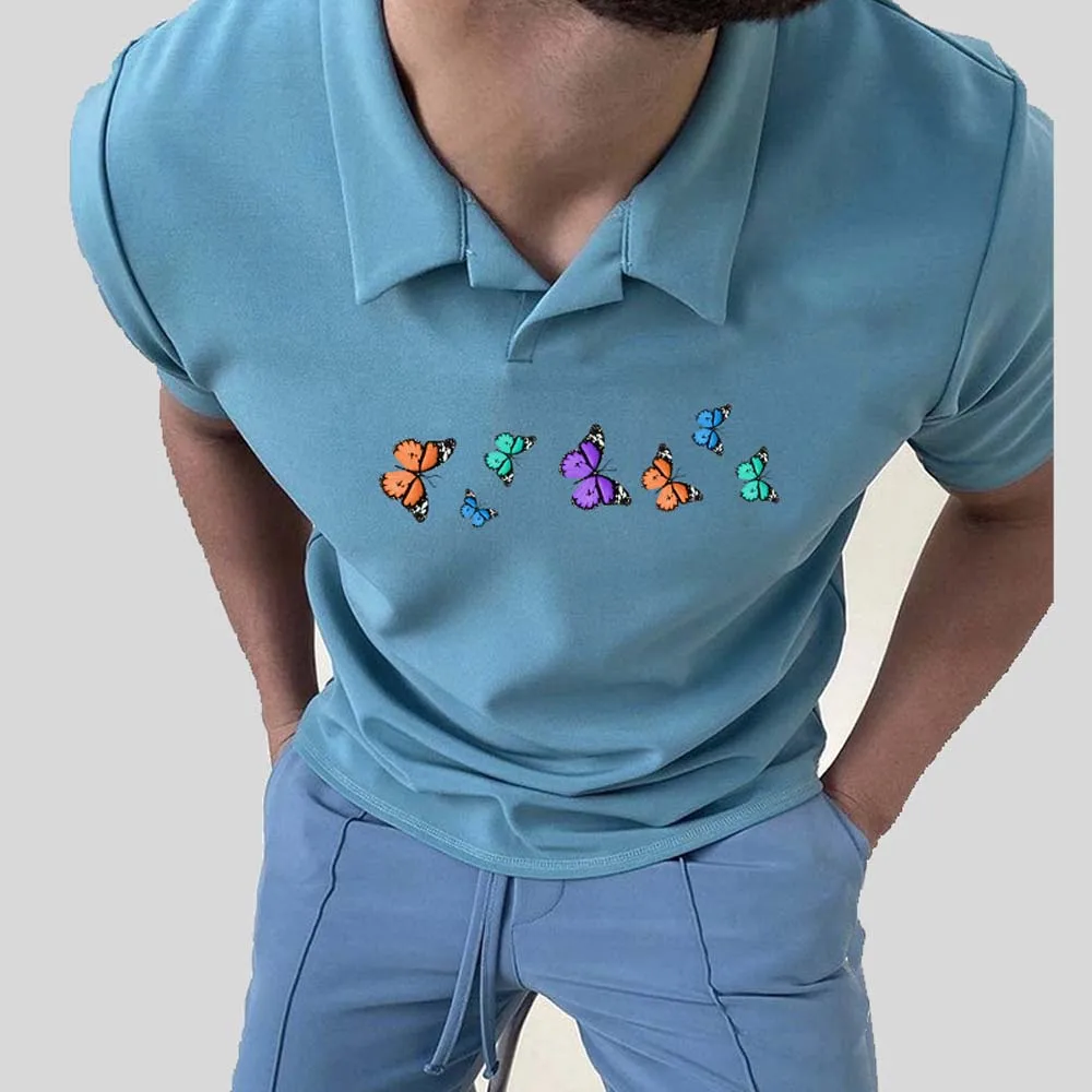 

Рубашка-поло мужская с принтом бабочки, Повседневная Свободная футболка, модная простая футболка с короткими рукавами в стиле ретро, улична...