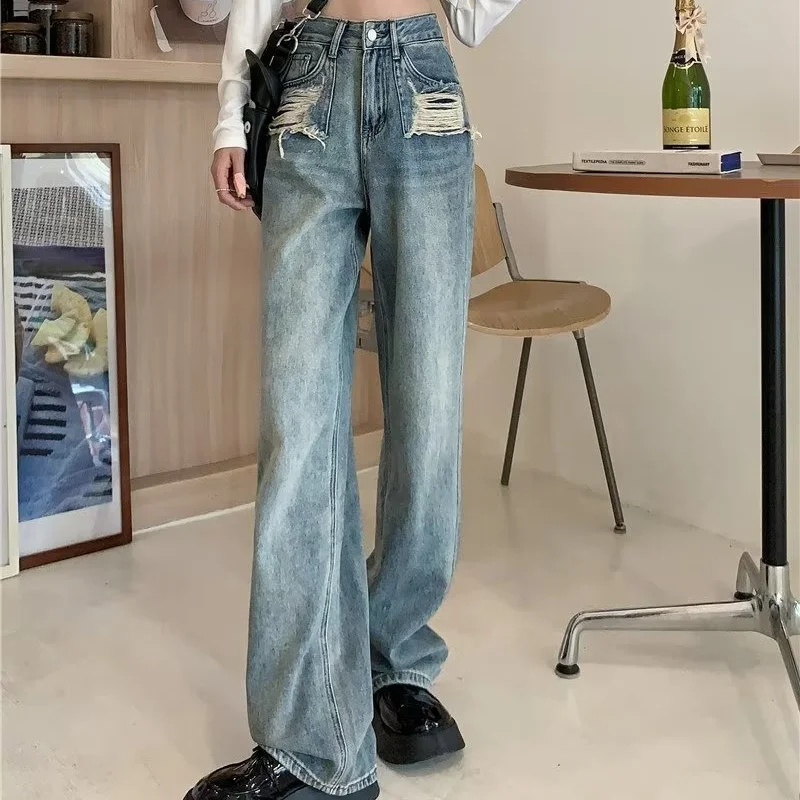 

Джинсы женские с завышенной талией, ностальгические модные элегантные широкие брюки с драпировкой в стиле ретро, уличные тренды на весну и осень