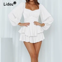 ruffle square neck solid sexy streetwear jumpsuit women 2022spring summer fashion lantern long sleeve slim rompers casual shorts