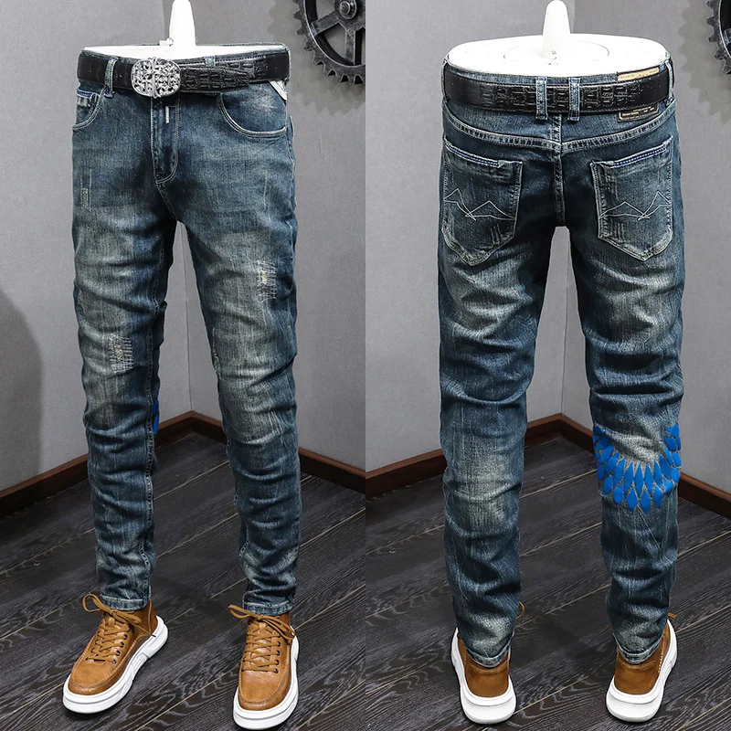Fashion Designer Men Jeans High Quality Retro Blue Elastic Slim Fit Ripped Jeans Men Vintage Trousers Printed Denim Pants Hombre