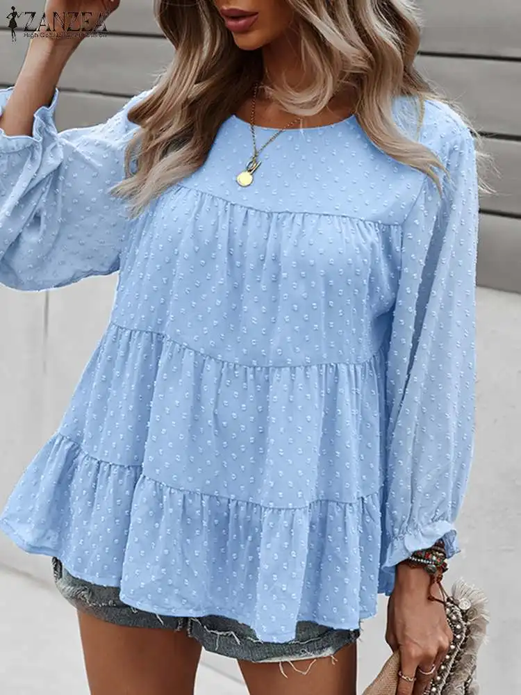 

Elegant Swiss Dot Shirt ZANZEA Women Ruffles Chiffon Blouse Spring O Neck Long Sleeve Casual Beach Tops Flounce Blusas Chemise