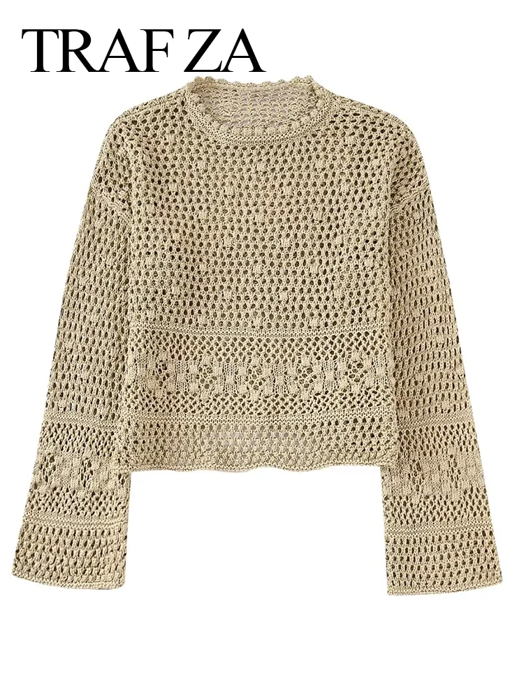

TRAF ZA Solid Color Casual Loose Hollow Knit Lady Sweater Fashion Versatile Round Collar Spring Autumn Women Pullover Sweater