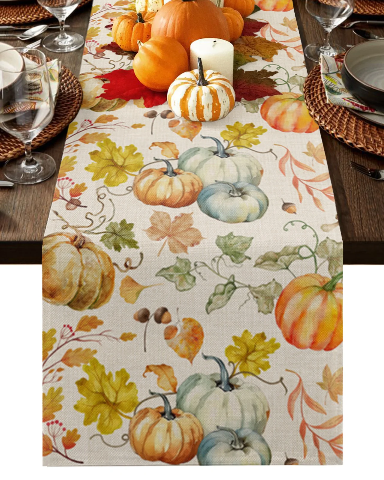

Thanksgiving Pumpkin Plaid Leaves Table Runner Home Wedding Table Flag Mat Table Centerpieces Decoration Party Long Tablecloth