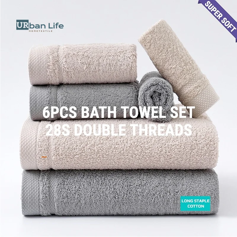 URBANLIFE 28S Long Staple Natural Cotton Towel Set Ultra Soft High Absorbent Premium, 2 Bath Towels, 2 Hand Towels, 2 Washcloths