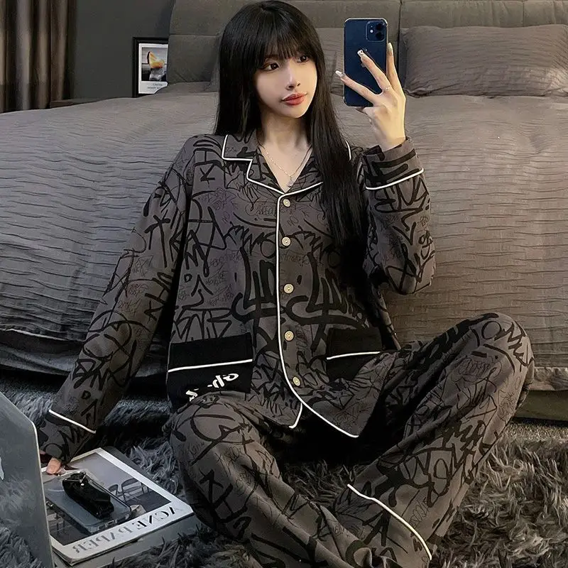 Pajamas Women's Spring Autumn New Loose Long Sleeve Cardigan Pijamas Two Piece Korean Cute Cartoon Sleepwear Home Clothes Set