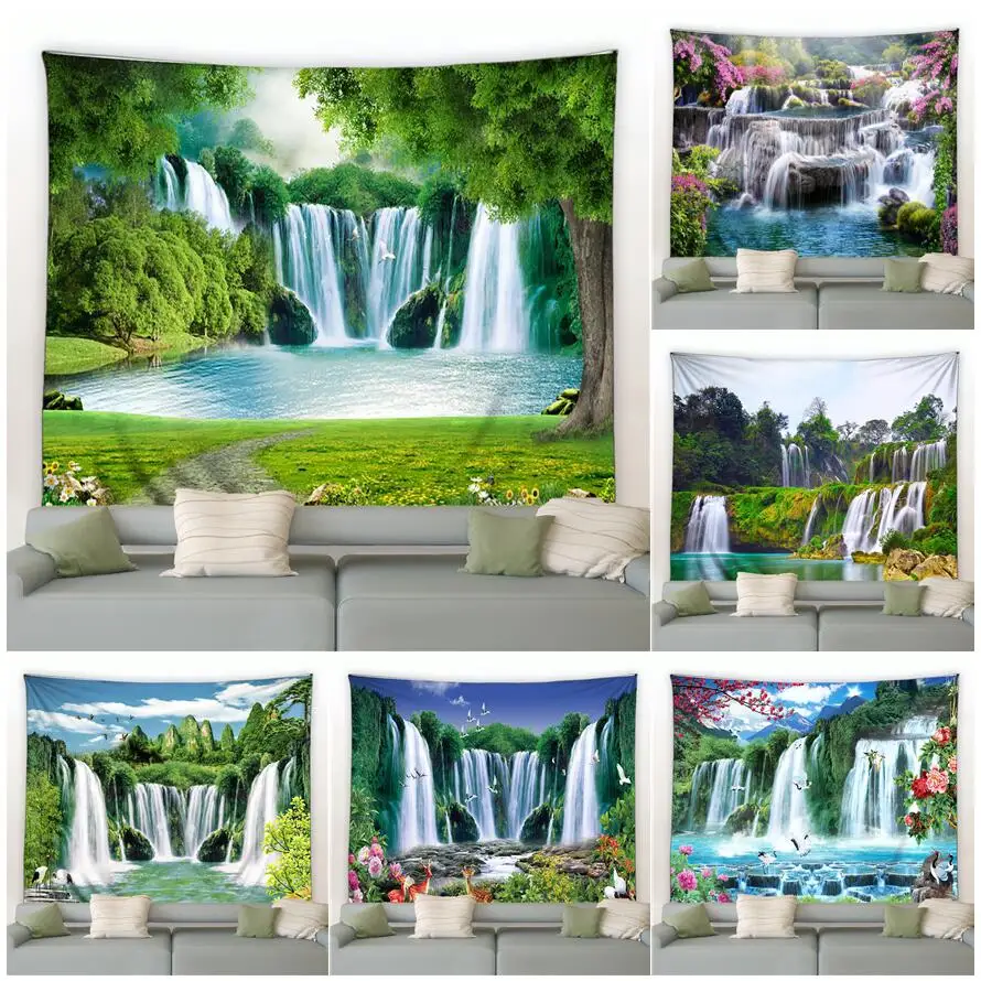 

Forest Waterfall Tapestry Lake Birds Rural Flower plants Chinese Style Nature Landscape Living Room Courtyard Decor Wall Hanging