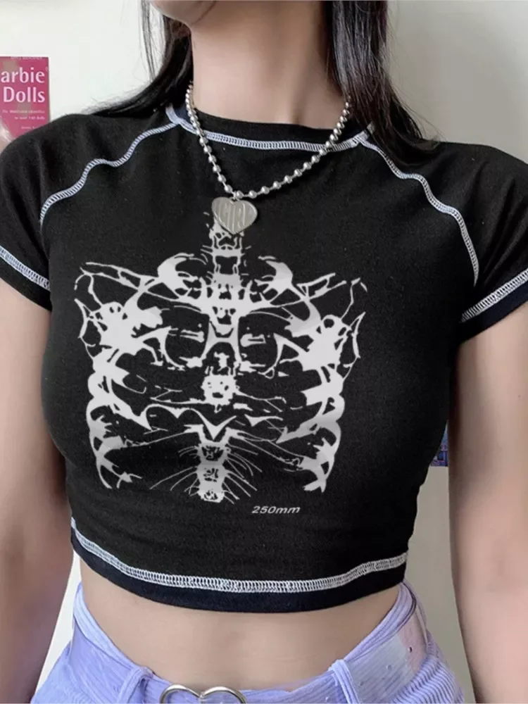 

Aesthetic skeleton women's T-shirt Harajuku Y2K black sweet girl slim skull print fun vintage graphic clothes crop top E-gir