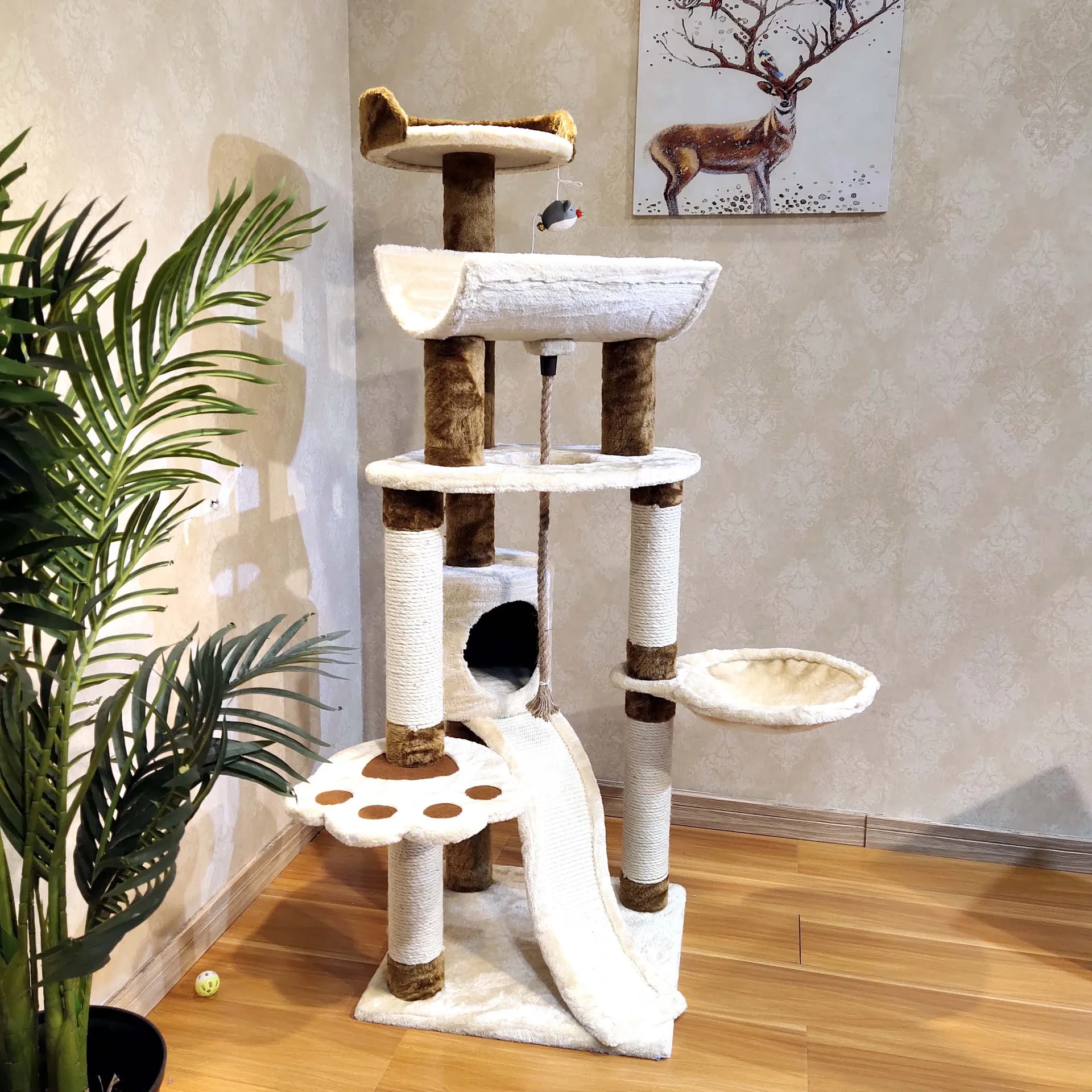 

Deluxe Cat Tower Bed Cat Tree Tower Condo Furniture House Toy Basket Hammock Play 4 Levels Trew Scratcher Nest Supplies Pet Home