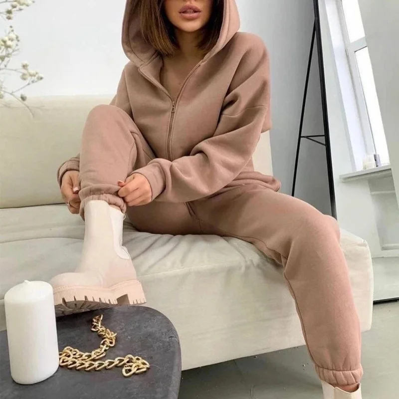 

Повседневный Спортивный костюм для женщин, однотонная толстовка на молнии с длинным рукавом и брюки, Женский Осенний Модный комплект из дву...