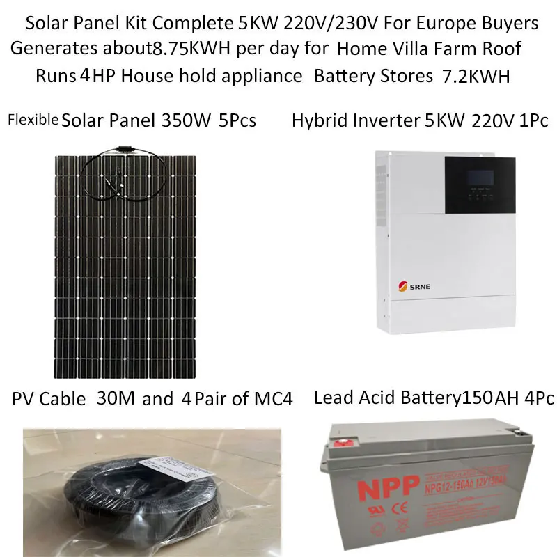 Flexible Solar Panel Kit Complete With Battery 5000W 5KW 220v 110V MPPT Hybrid Inverter Off Grid  Home 4HP House Heater Lighting