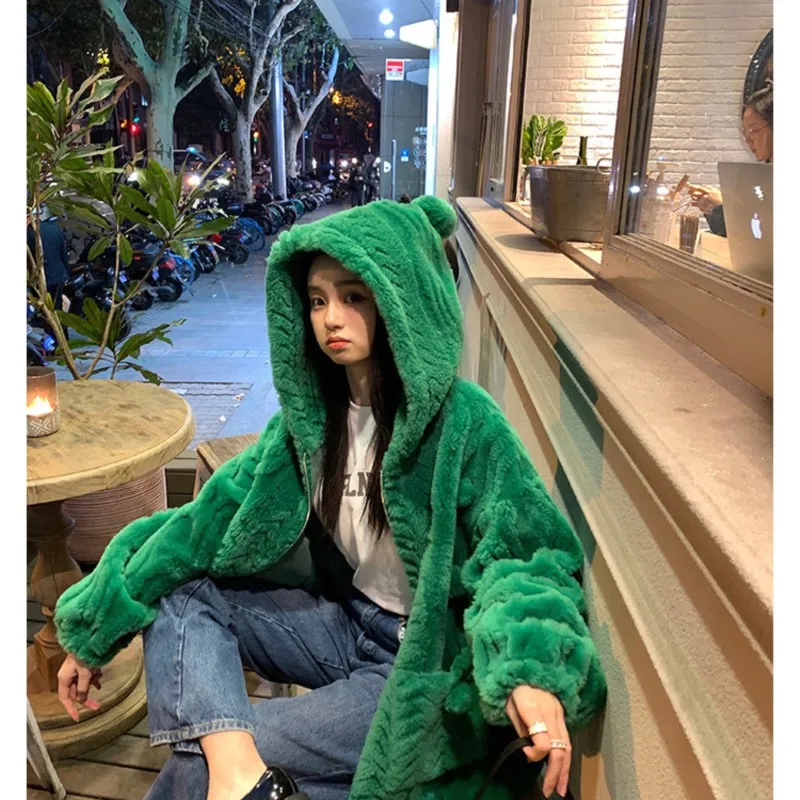 All Wool Grain Wool Coat Sheep Shearing Fur Coat Female Lamb Wool Snowball Fried Dough Twist Hooded Cute Snowball Twist Hooded