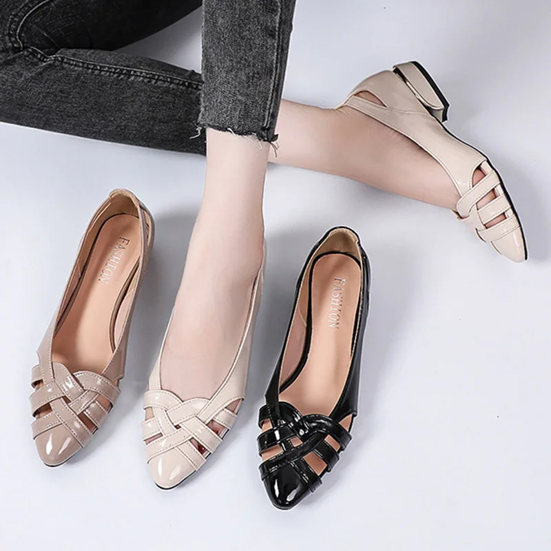 

Plus Size 35-42 Summer Footwear Women Flats Weave Slip on Cut Outs Boat Shoes Ladies Pointed Toe Low Heels Loafers Leather Black